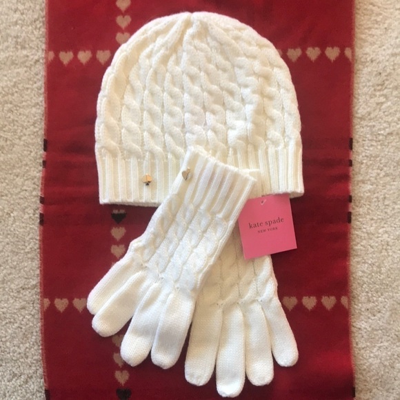 Brand New Kate Spade Cable Beanie Hat & Gloves Set Cream main image 10